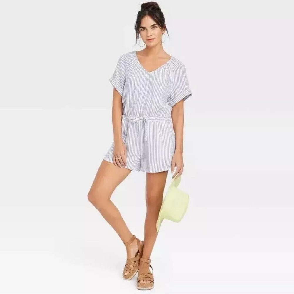 Universal Thread Blue and White Striped Linen V-Neck Romper